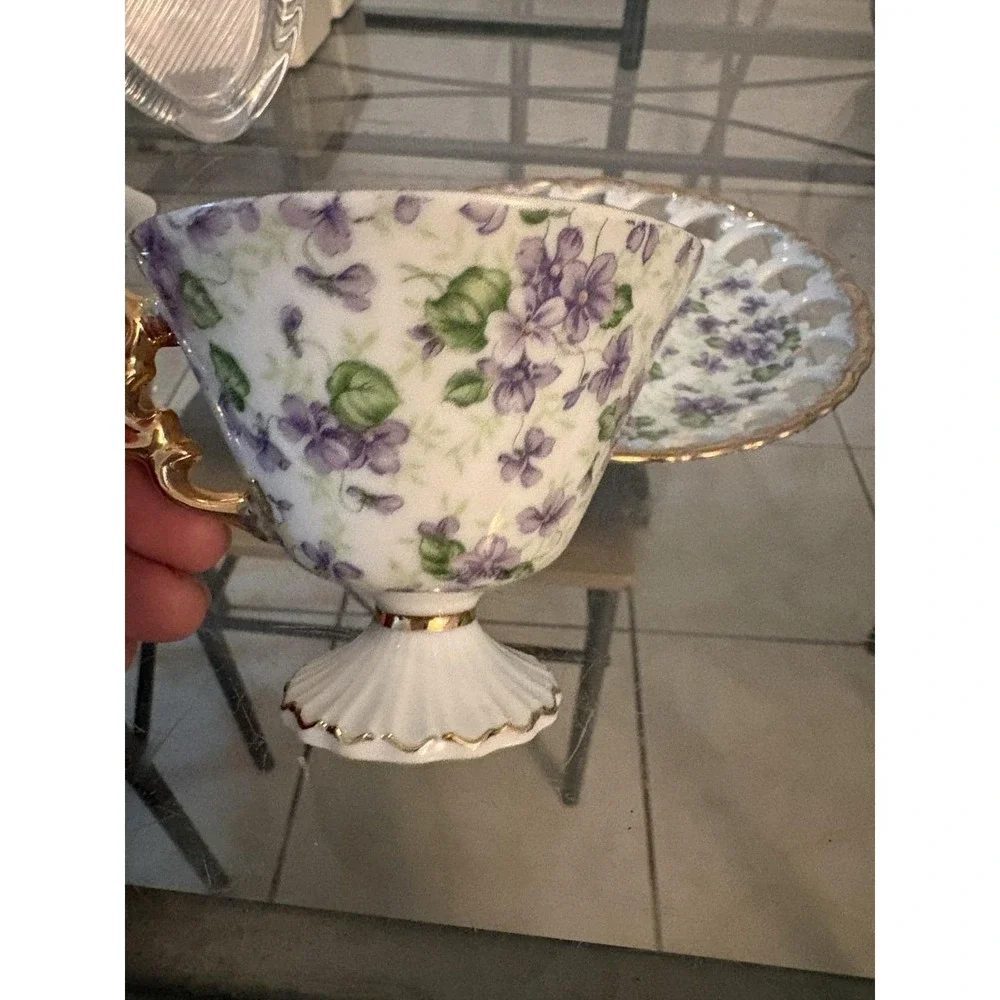 Vintage Lefton China Happy Anniversary Teacup Saucer Set Violets 2425 Japan
